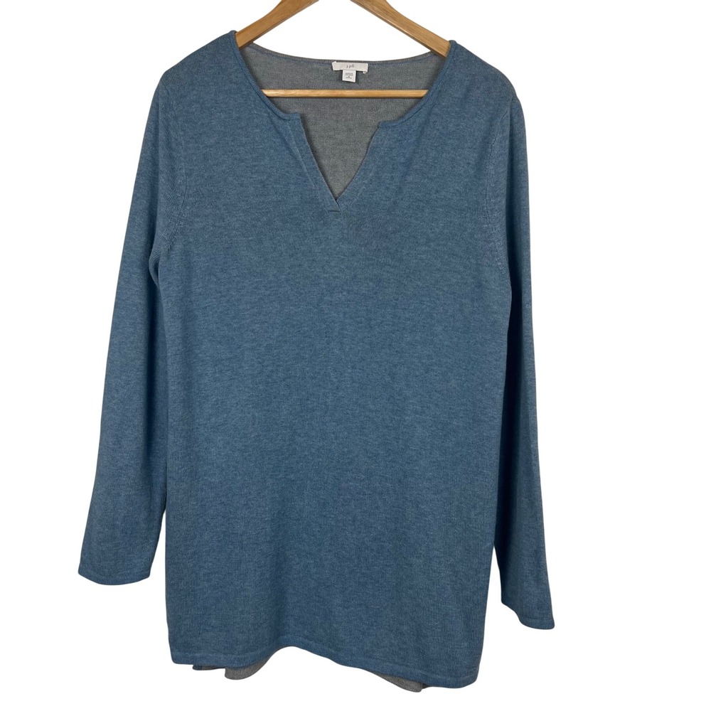 J Jill Blue Cotton Blend Notch V-Neck Long Sleeve Tunic Sweater Petite Medium